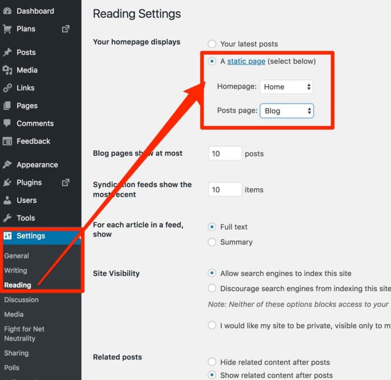 wordpress setup reading settings