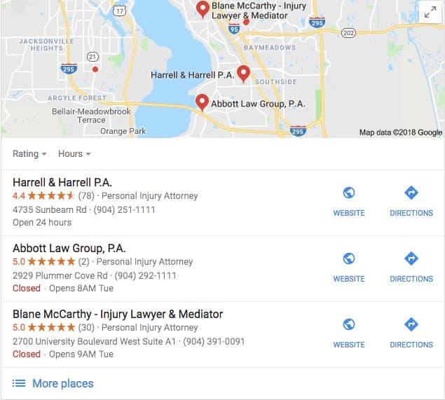 example of local seo local map pack results for lawyers