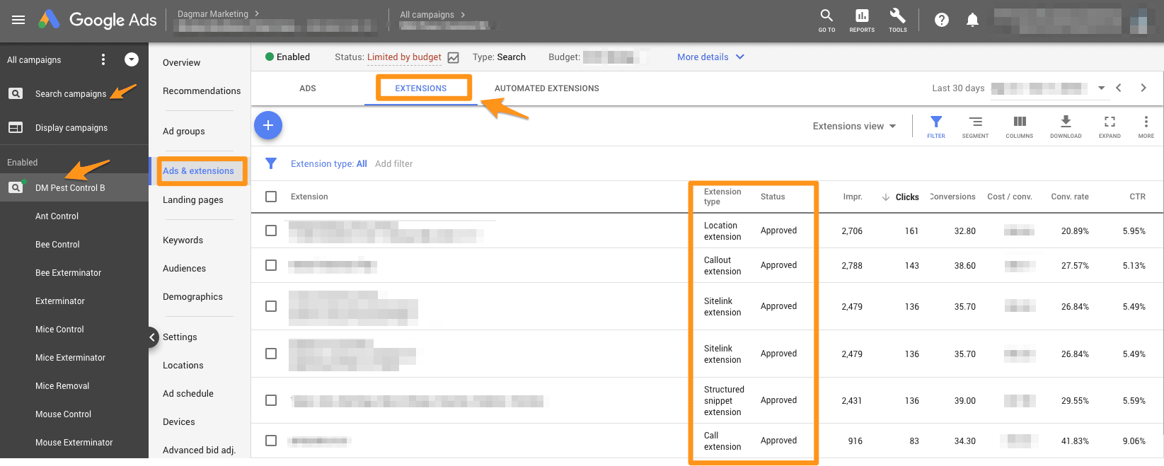 view your PPC campaign extensions