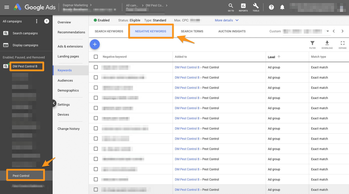 view your PPC campaign and ad group negative keywords