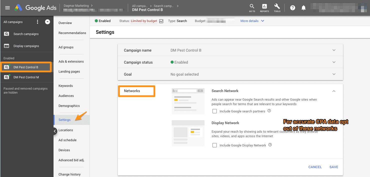 view your PPC campaign network settings