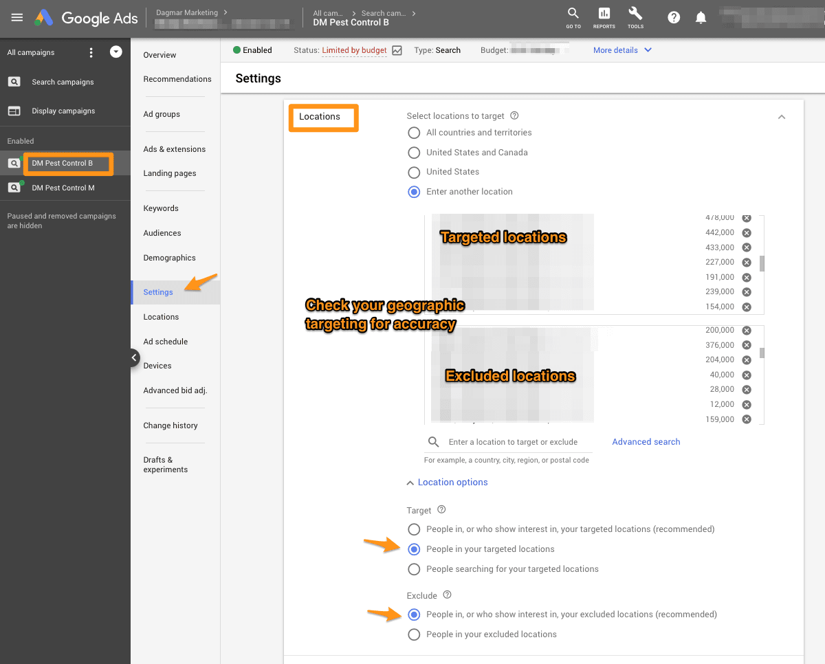view your PPC campaign targeting settings