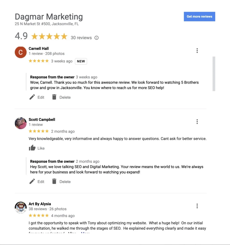 Google Business Profiles reviews example