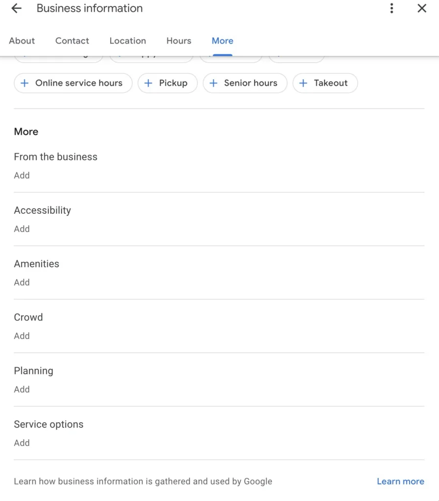 Google Business Profile attributes examples