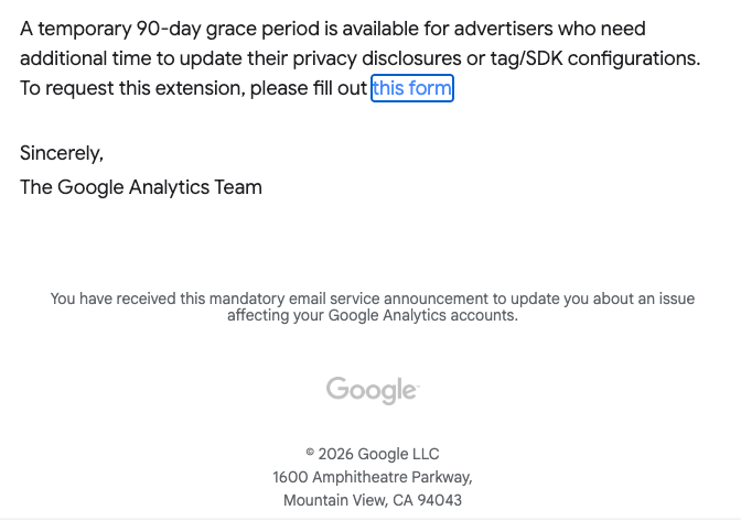 google analytics 90 day grace period message